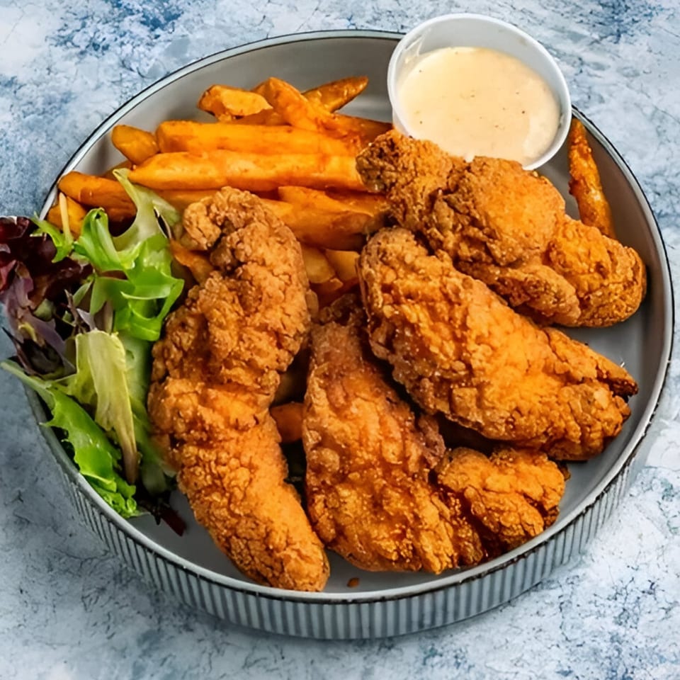 Crispy fried chicken tenders with golden fries, a side salad, and dipping sauce on a plate.