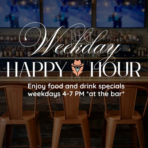 Spycoast Kitchen & Cocktails bar with "Weekday Happy Hour" overlay, offering food and drink specials.