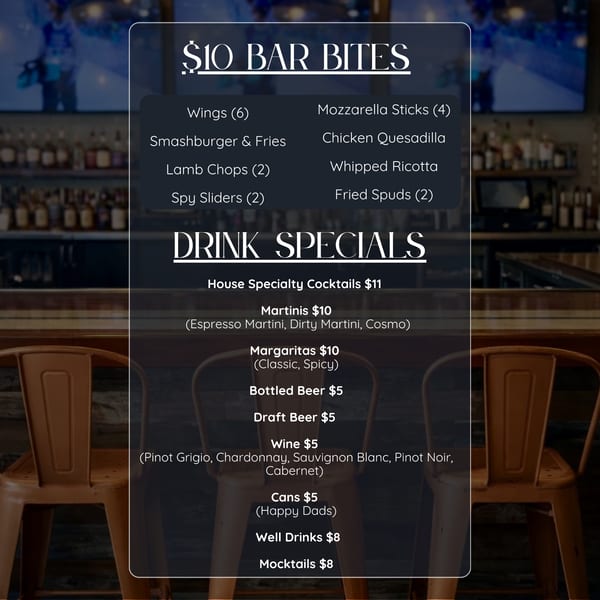 Spycoast Kitchen & Cocktails menu displaying bar bites and drink specials over a blurred bar background.