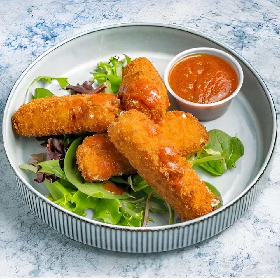 Five golden-brown fried mozzarella sticks with sauce and greens on a white plate.