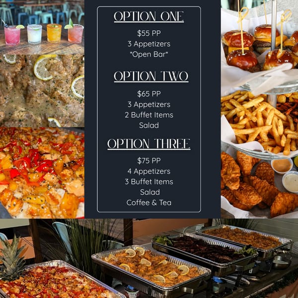 A collage of Spycoast Kitchen & Cocktails' buffet options, including drinks, appetizers, and main dishes.