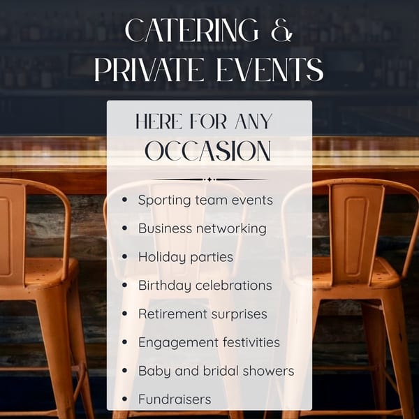 Spycoast Kitchen & Cocktails catering and private events list over a bar background.