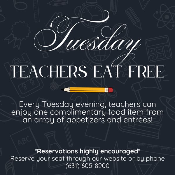 A dark blue graphic with school-themed outlines, advertising "Tuesday Teachers Eat Free" with a yellow pencil.
