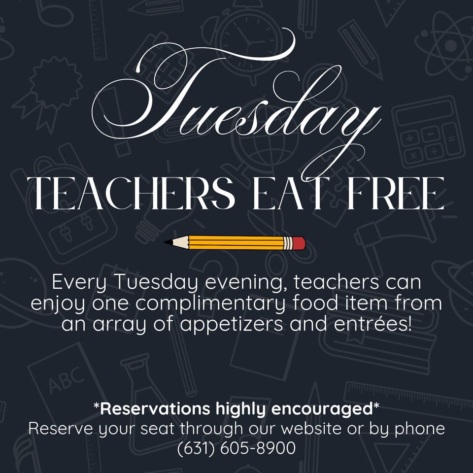 A dark blue graphic with school-themed outlines, advertising "Tuesday Teachers Eat Free" with a yellow pencil.